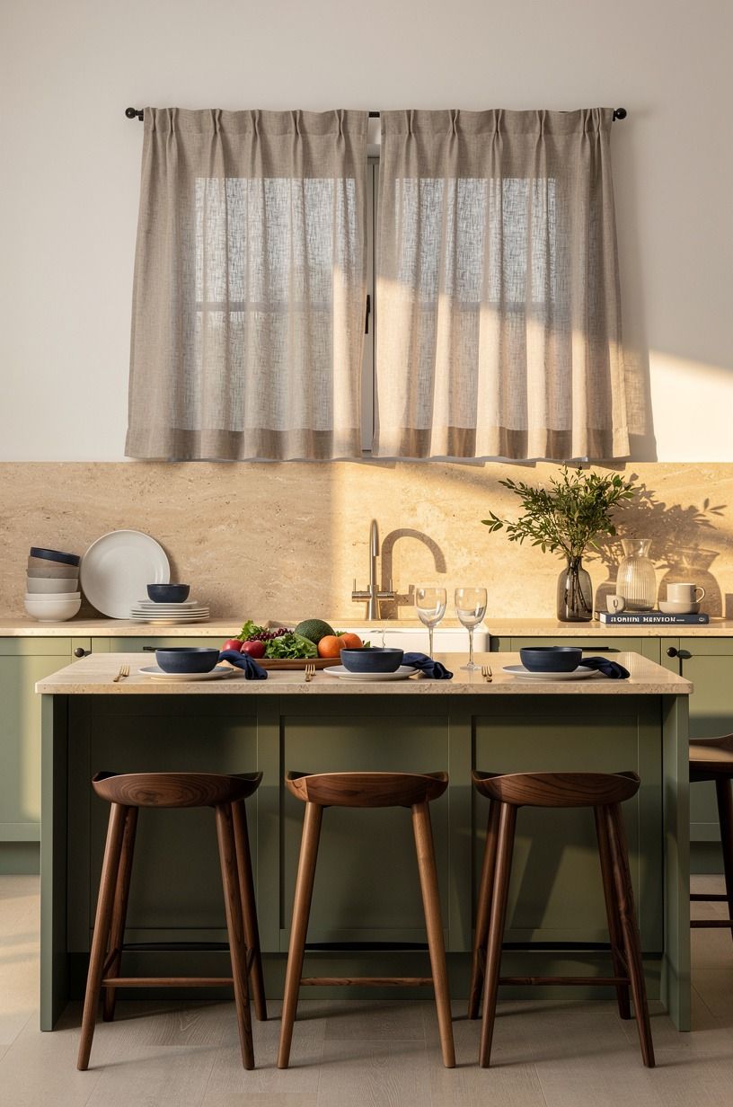 Frame open shelves with aged brass rails
