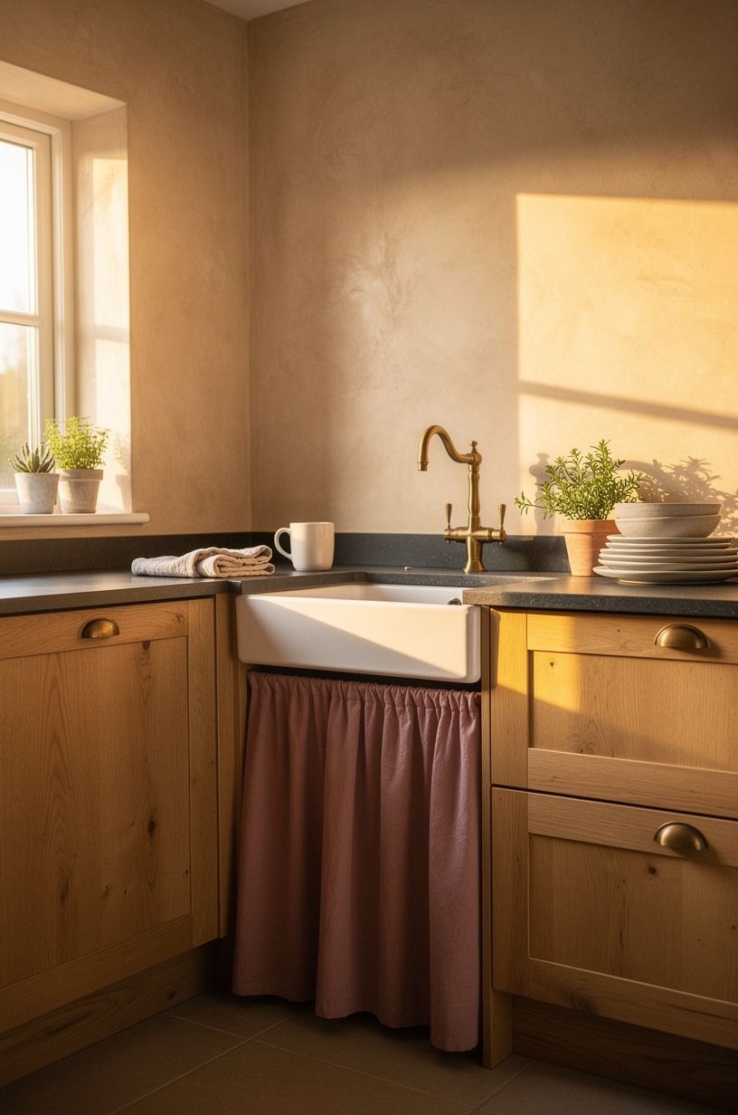 Layer limestone counters over painted cabinetry