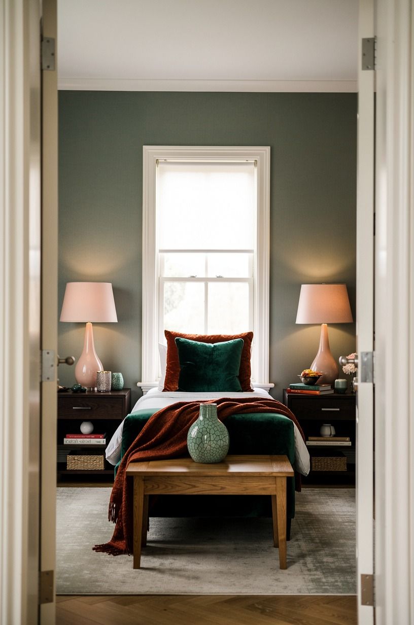 Tuck blush lamps beside dark wood