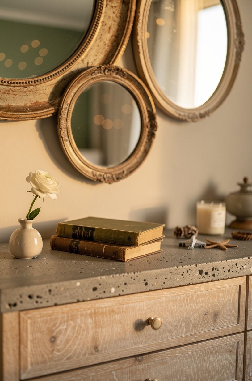 Cluster vintage mirrors above one dresser