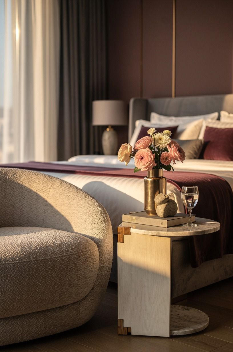 Place flowers on a marble nightstand