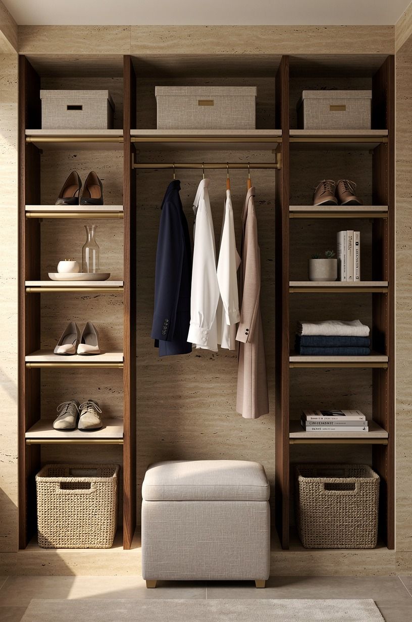 Mount brass rails under open shelves (The Two-Line Hardware Rule)