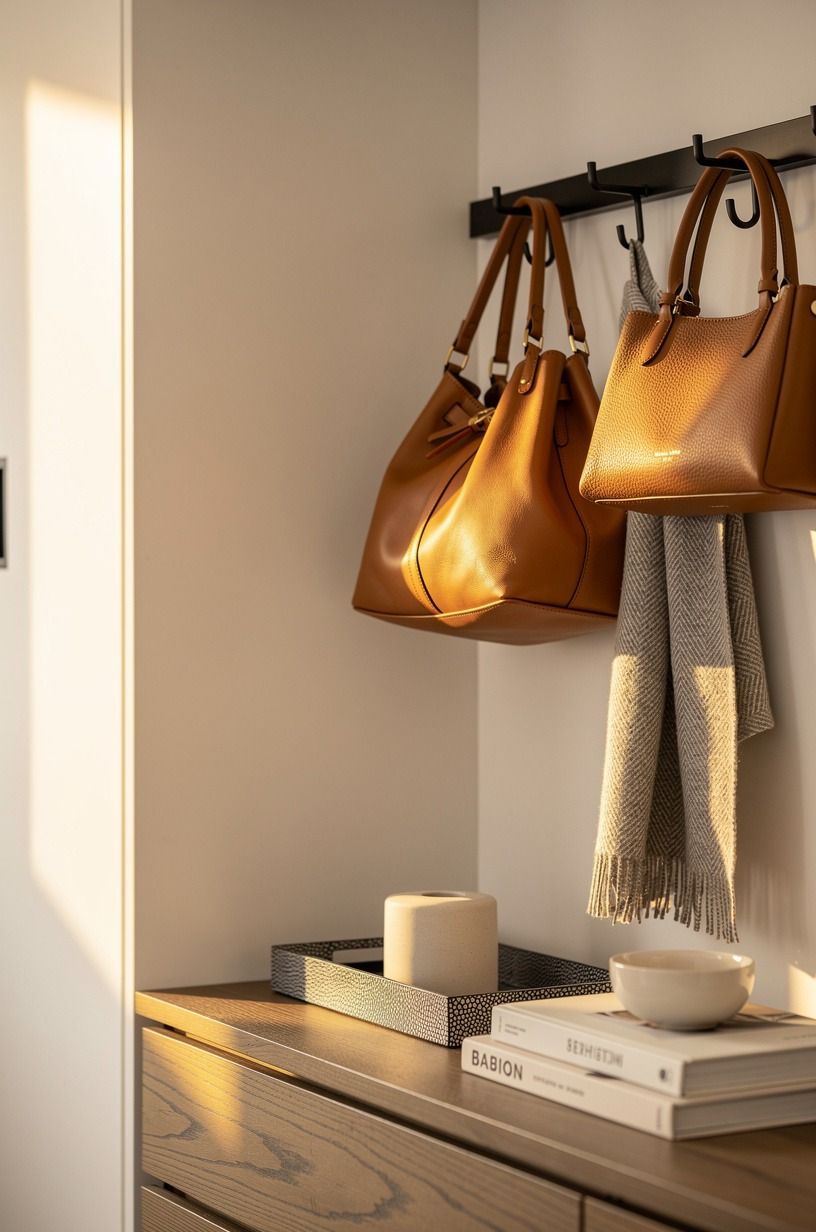 Hang bags on a peg rail wall (The Grab-and-Go Spine)