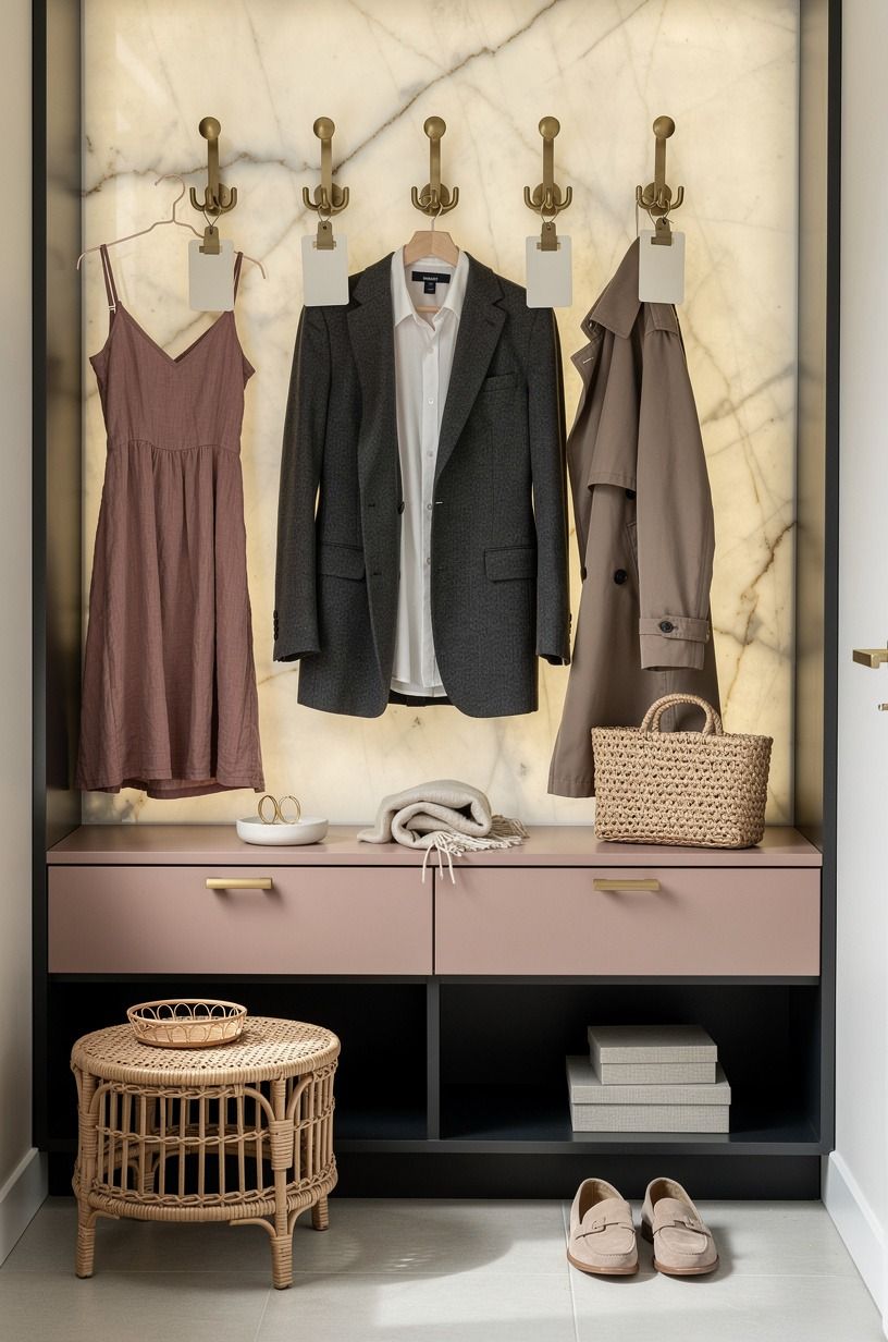 Zone outfits with labeled brass hooks