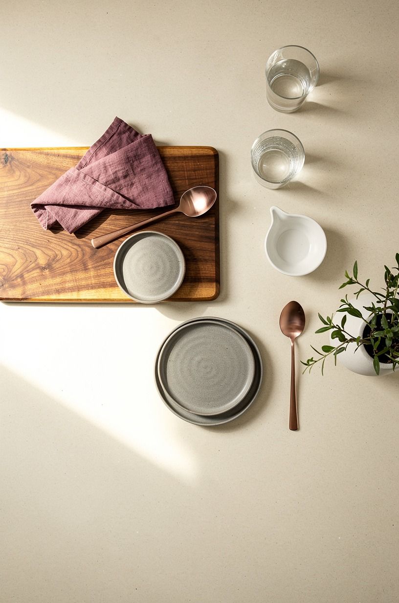 Choose creamy counters with soft eased edges (Why do sharp counters always feel colder?)