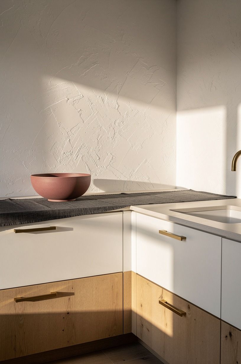 Use slab cabinet pulls in brushed brass