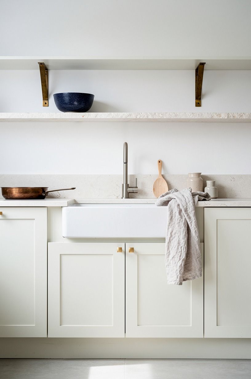 Install a thin stone backsplash shelf (Instead of a busy ledge wall)