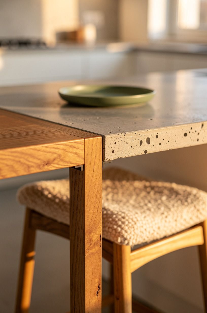 Tuck wood stools under a waterfall island