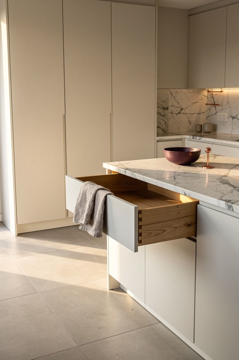 Ground pale cabinets with stone floor tile