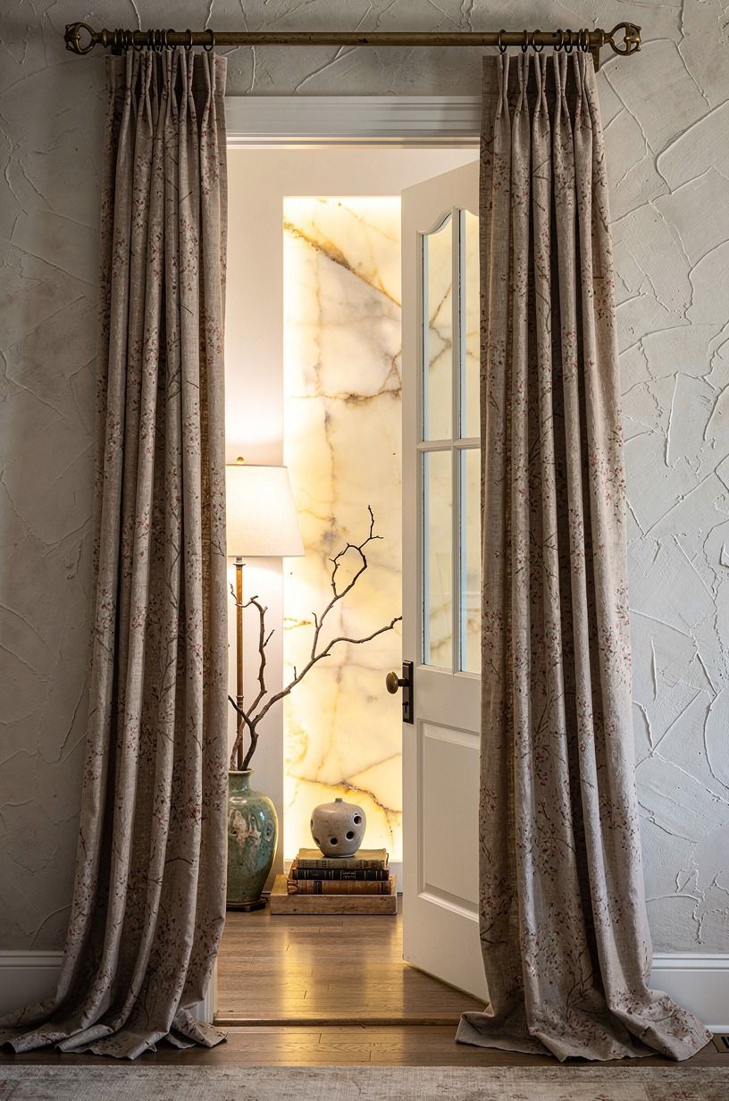 Frame the doorway with full-length floral drapes