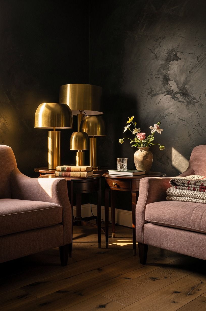Cluster brass lamps on dark wood side tables