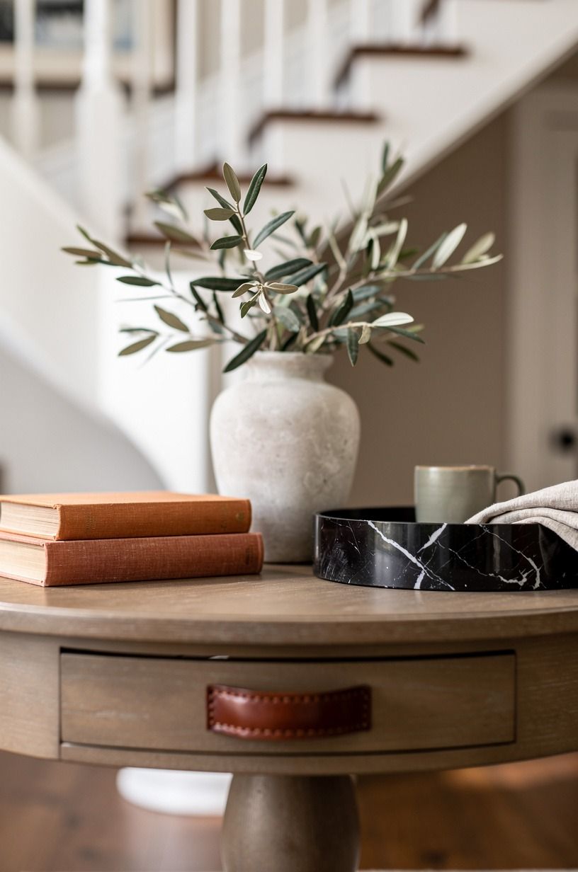 Style a round table under the staircase