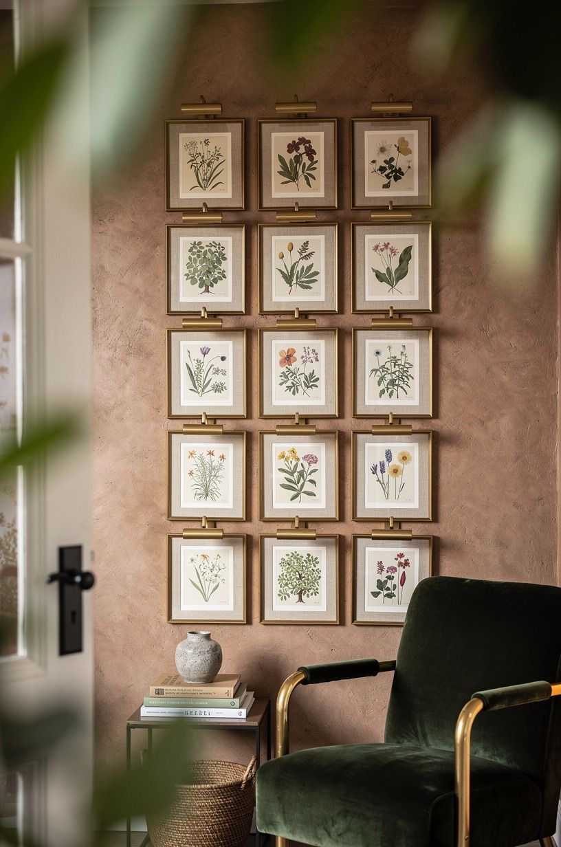 Hang botanical prints in tight symmetrical grids