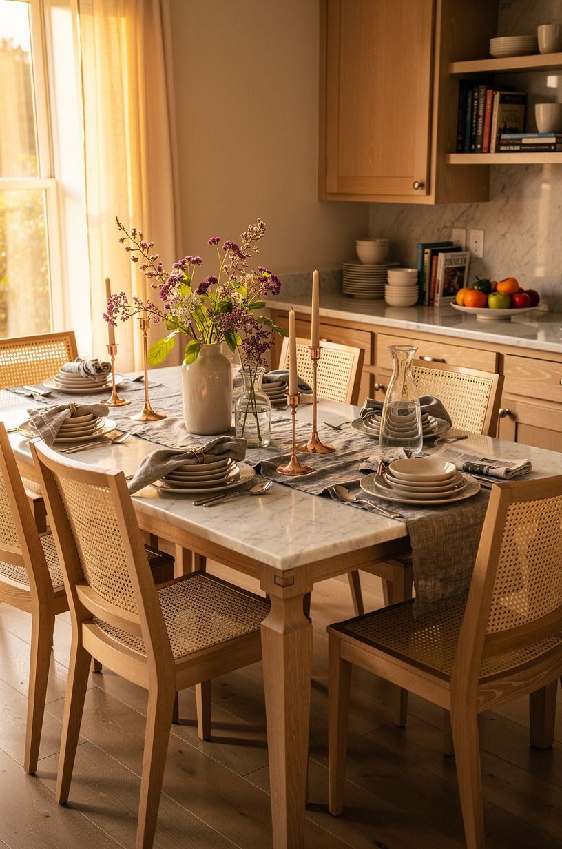 Use cane-back chairs around the breakfast table