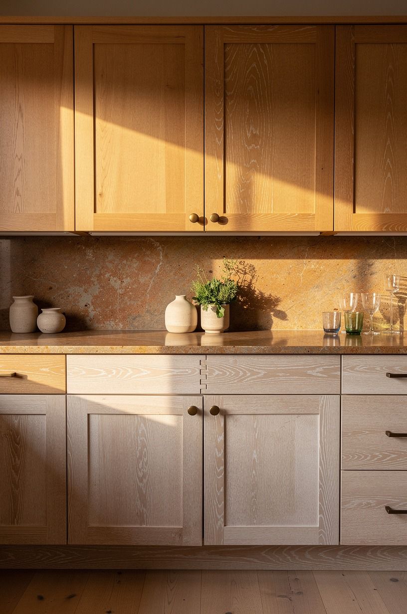 Start with honey oak shaker cabinet fronts