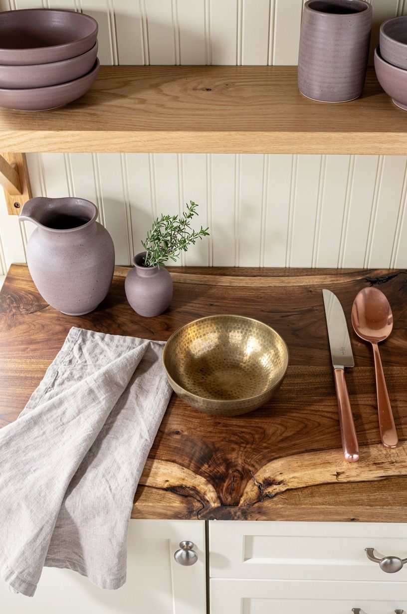 Layer cream beadboard behind open shelves