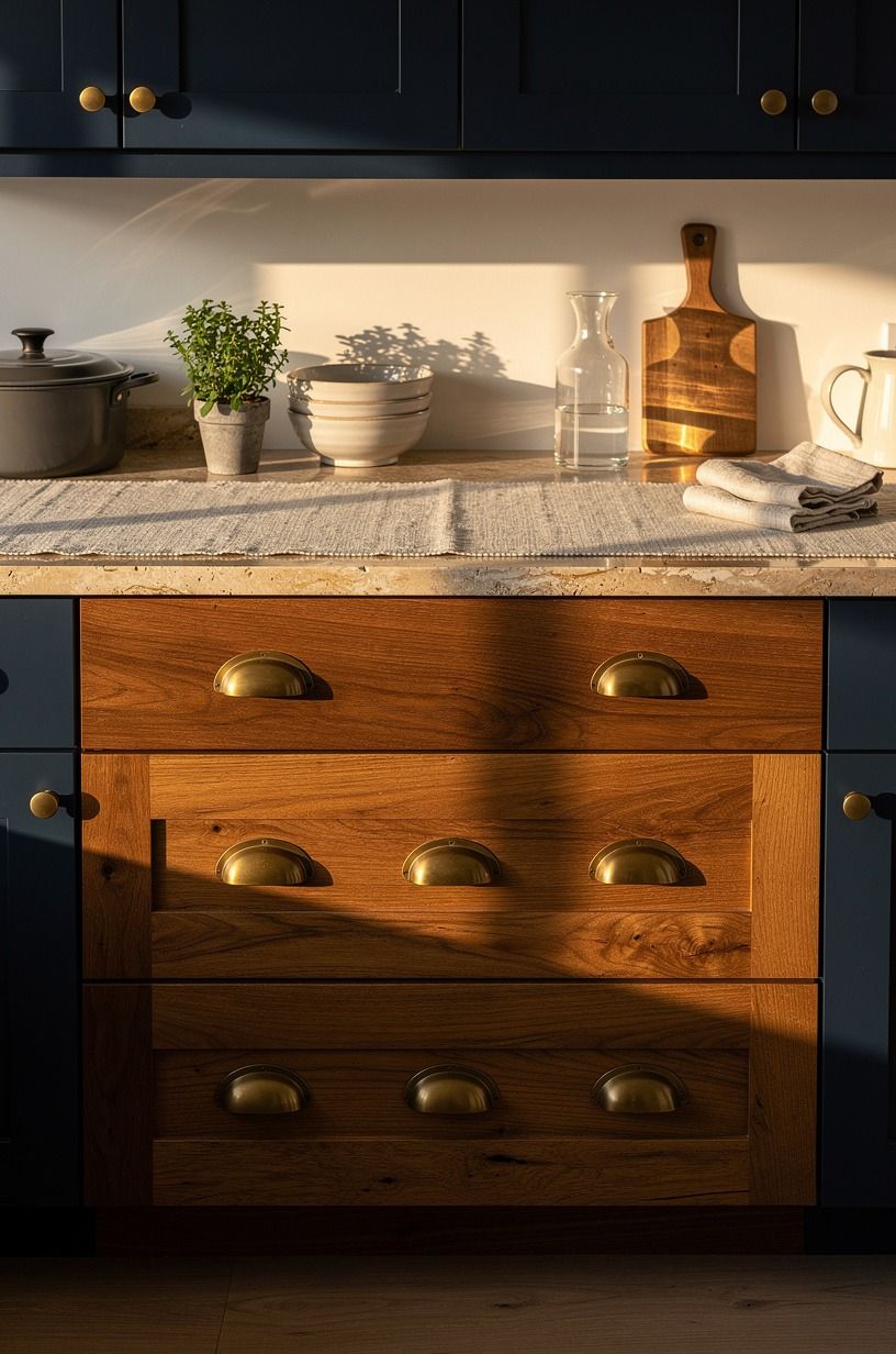 Hang brass cup pulls on every drawer
