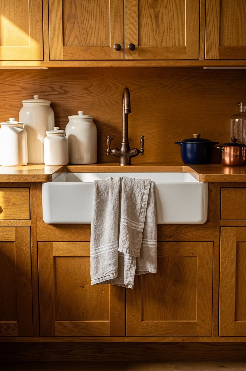 Style crocks beside a farmhouse sink