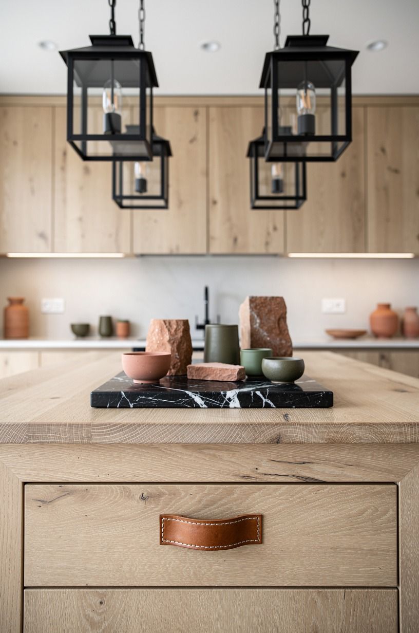 Mix black lantern pendants over oak