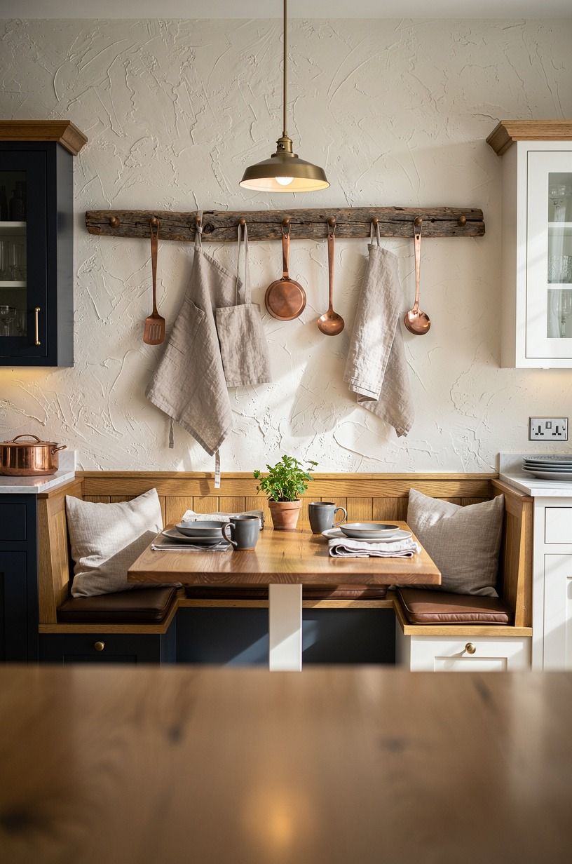 Mount peg rails along the breakfast wall