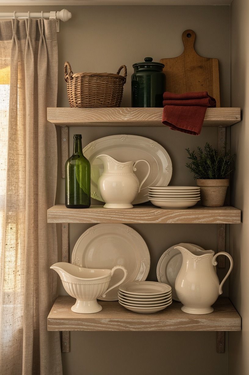 Display ironstone on chunky oak shelves