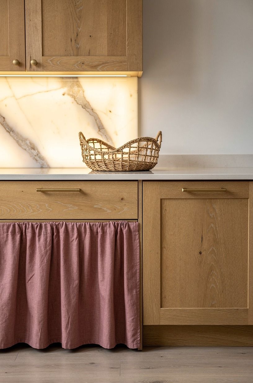 Bring in skirted fabric below cabinets
