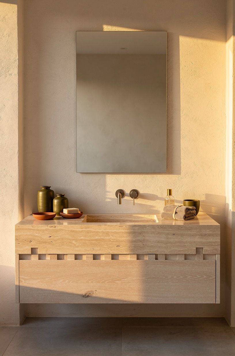 Float the vanity in a single travertine slab