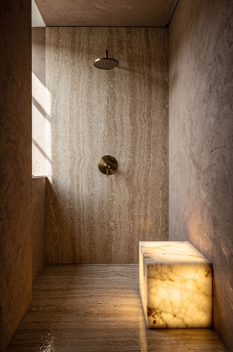 Vein-match the shower walls from floor to ceiling