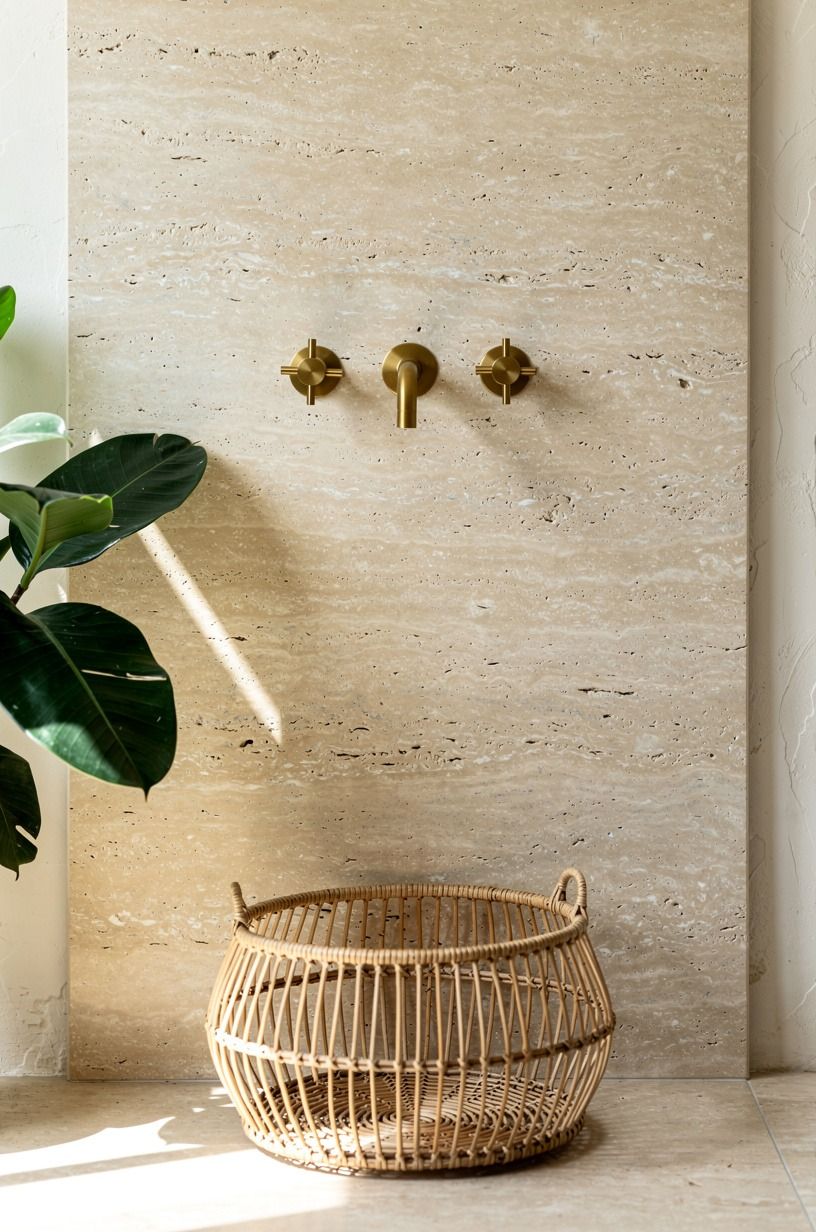 Pair the stone with unlacquered brass fixtures