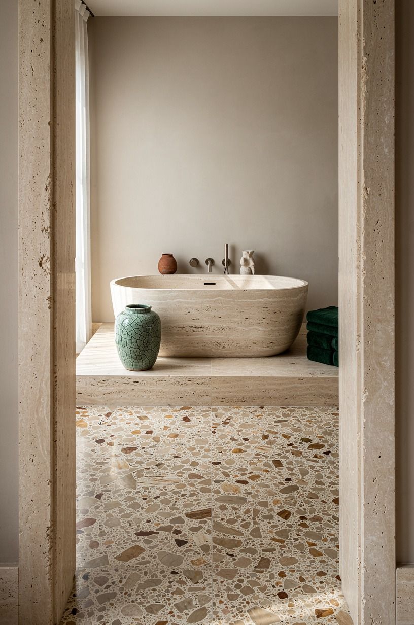 Sink a freestanding tub into a travertine deck