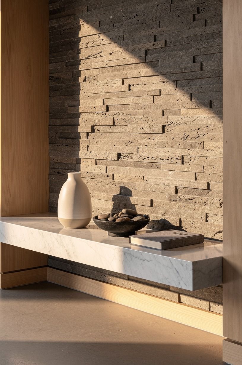 Stack flat-cut travertine on the accent wall