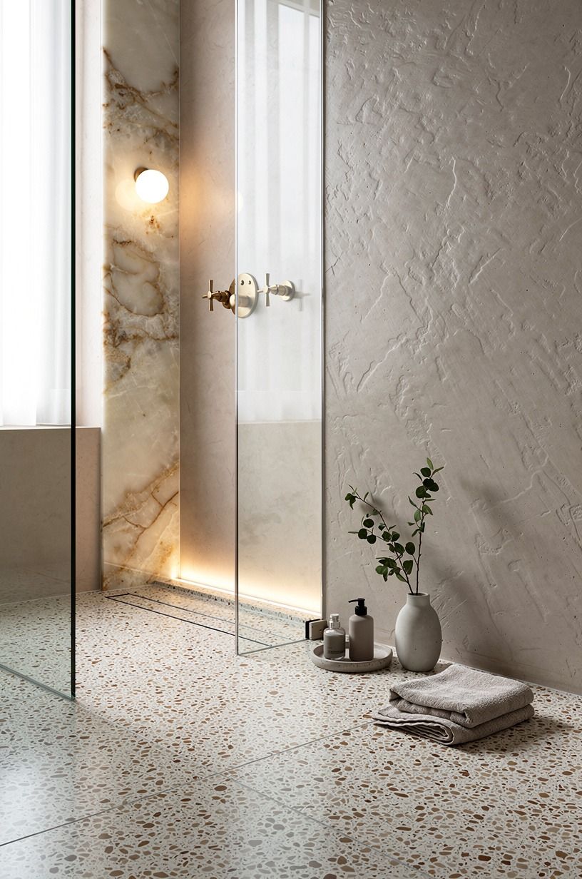 Run terrazzo tile straight through the shower instead of stopping at the curb
