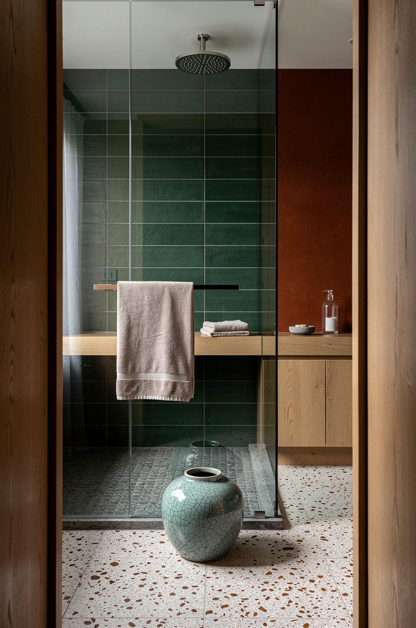 Center a rainfall head above open stone flooring