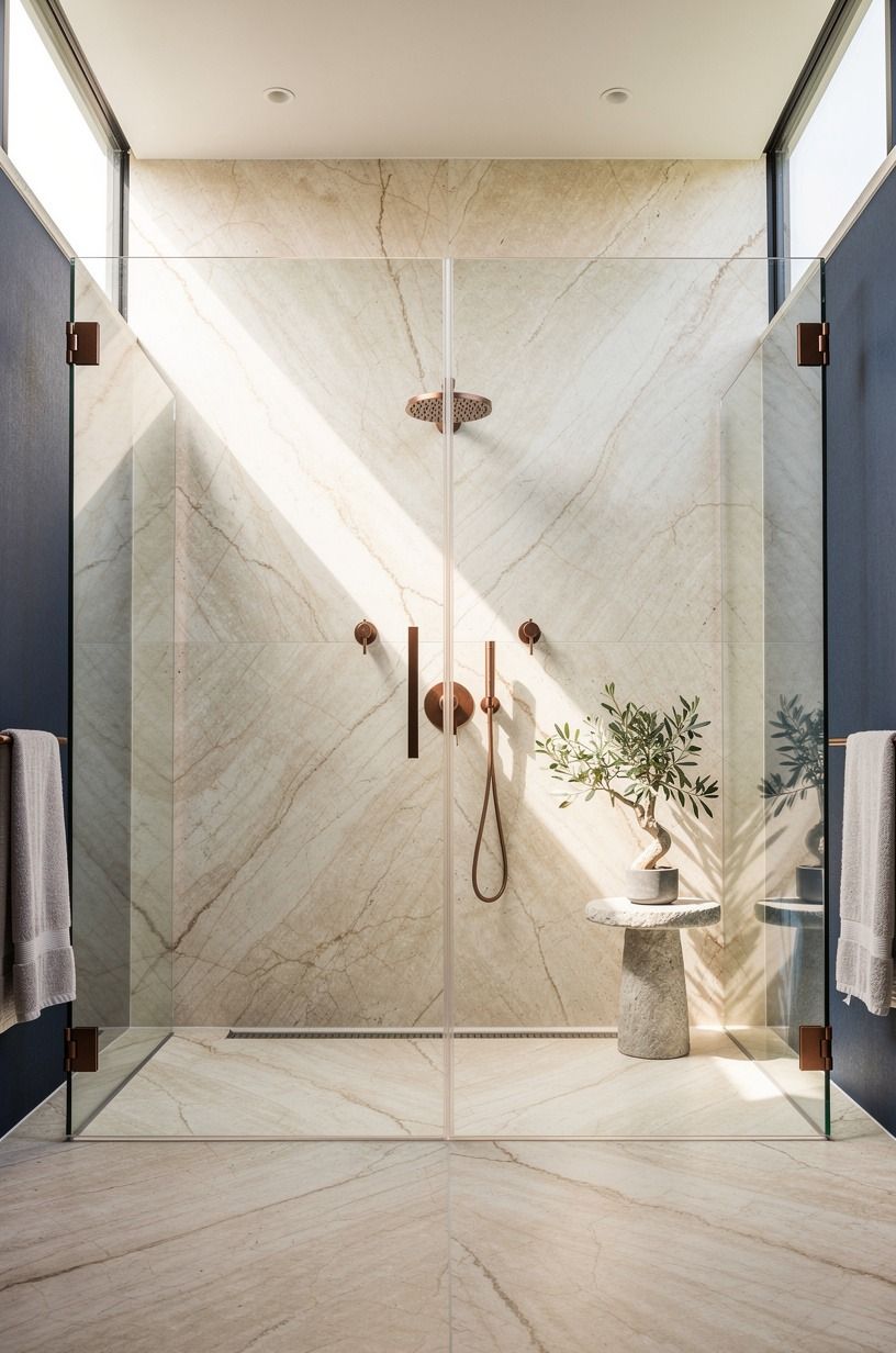 Continue marble slabs behind the open shower