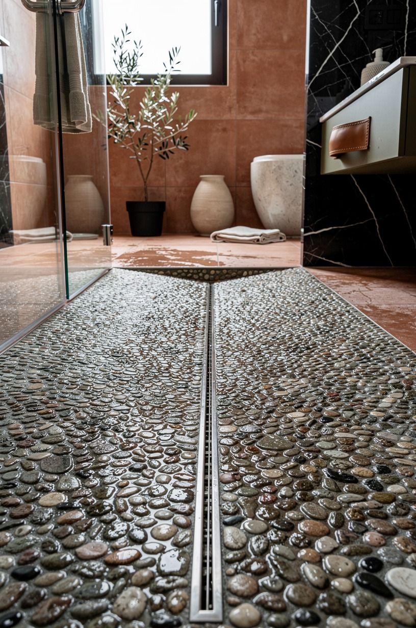 Slope pebble flooring toward a hidden drain