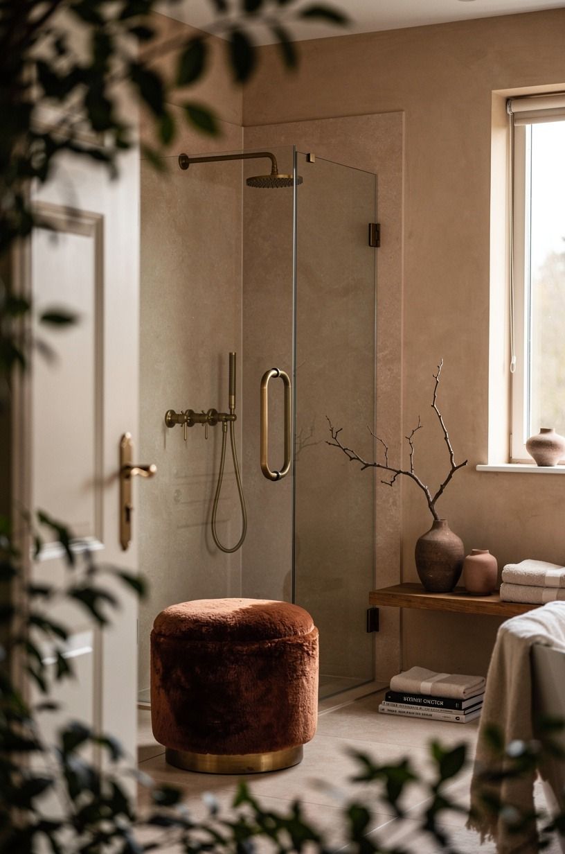 Mount brass fixtures against clear glass walls