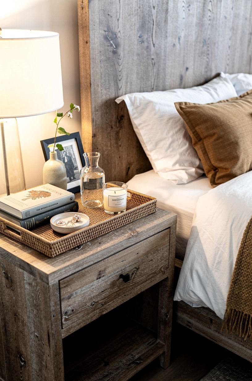 Add woven trays for bedside styling