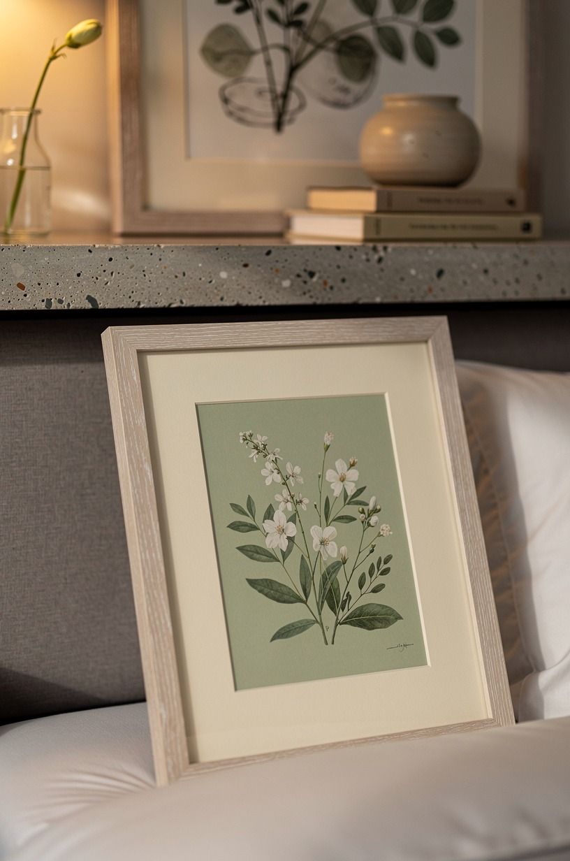 Cluster framed botanicals above the headboard
