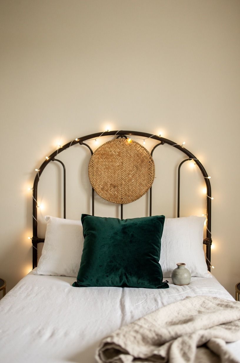 String warm fairy lights along the iron headboard