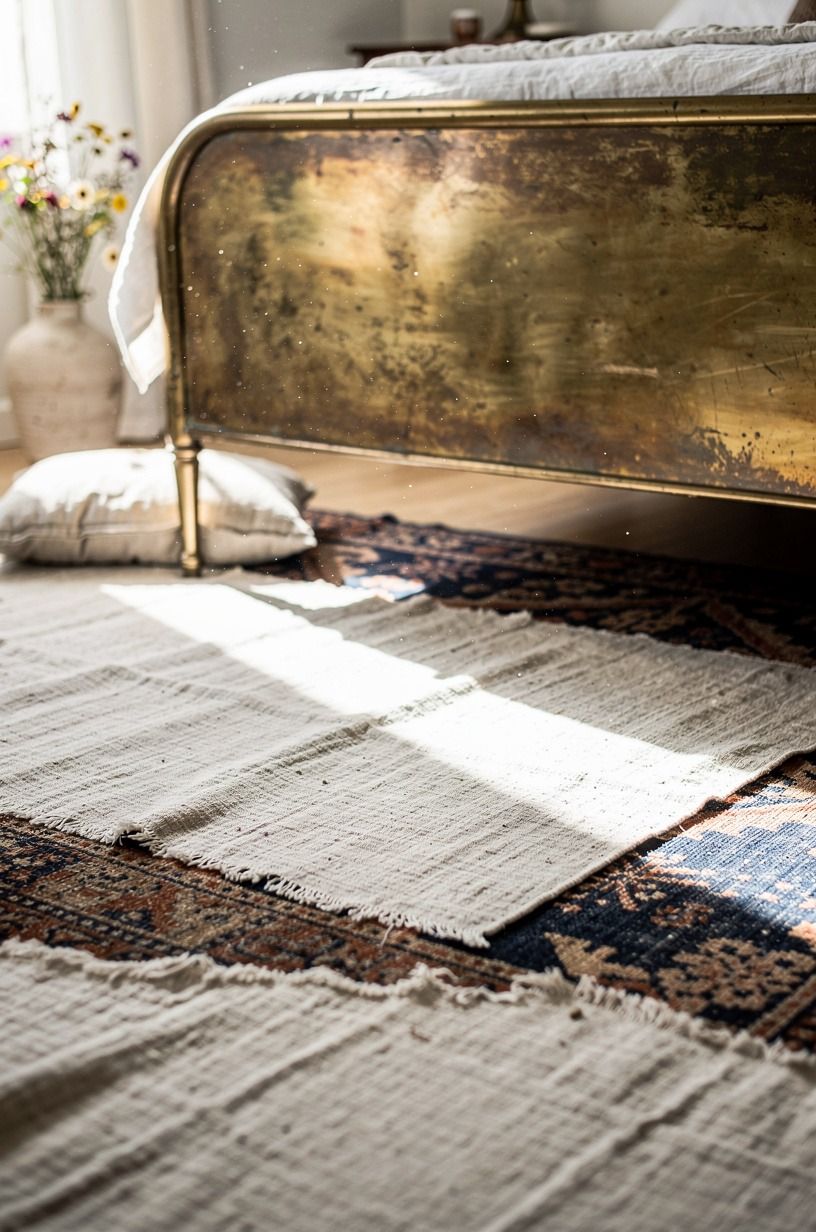 Layer rugs so a faded kilim peeks under