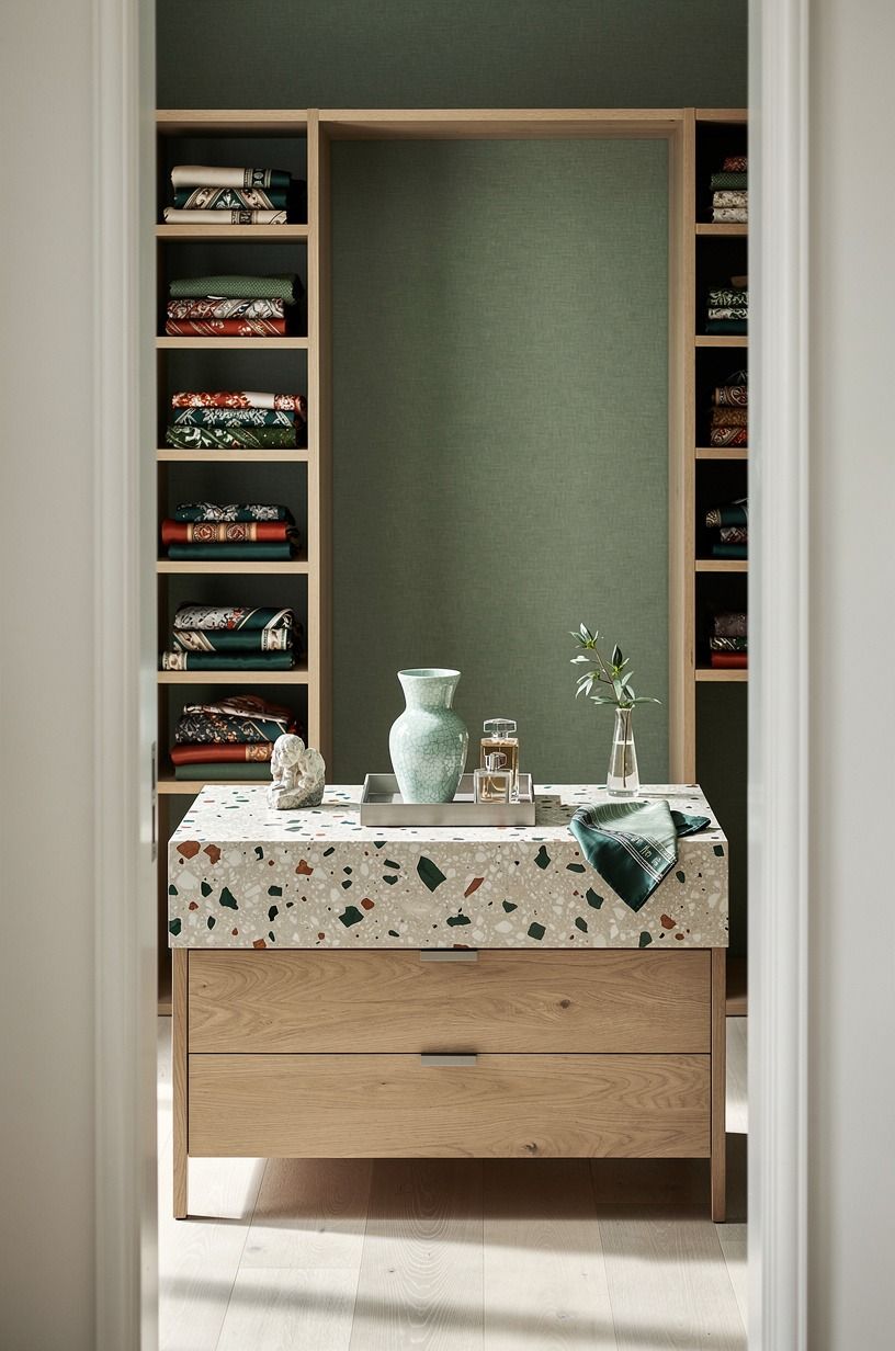 Float a terrazzo perfume tray on the dresser