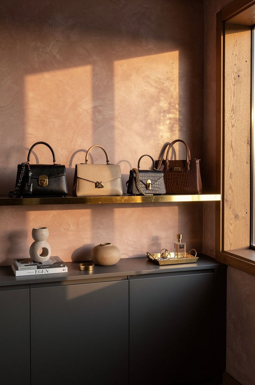 Rotate handbags into an IKEA Lack gallery row