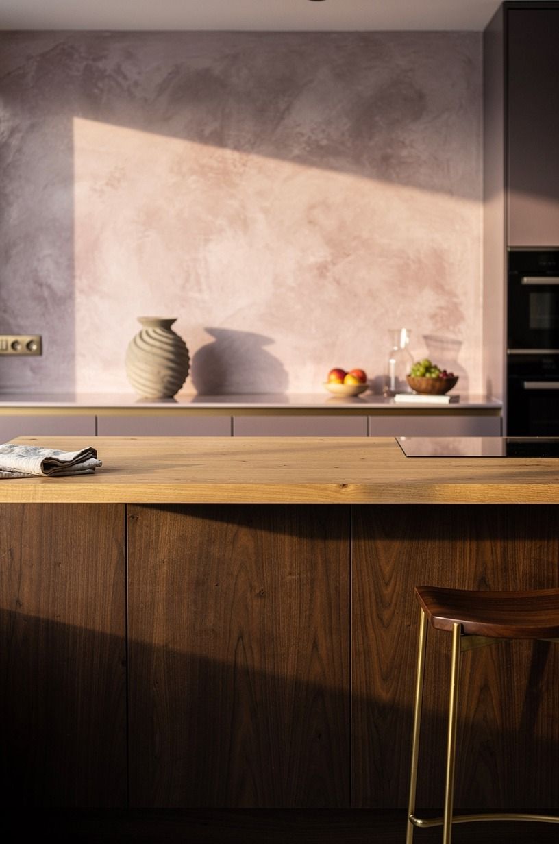 Anchor the island with a darker walnut base and oak top