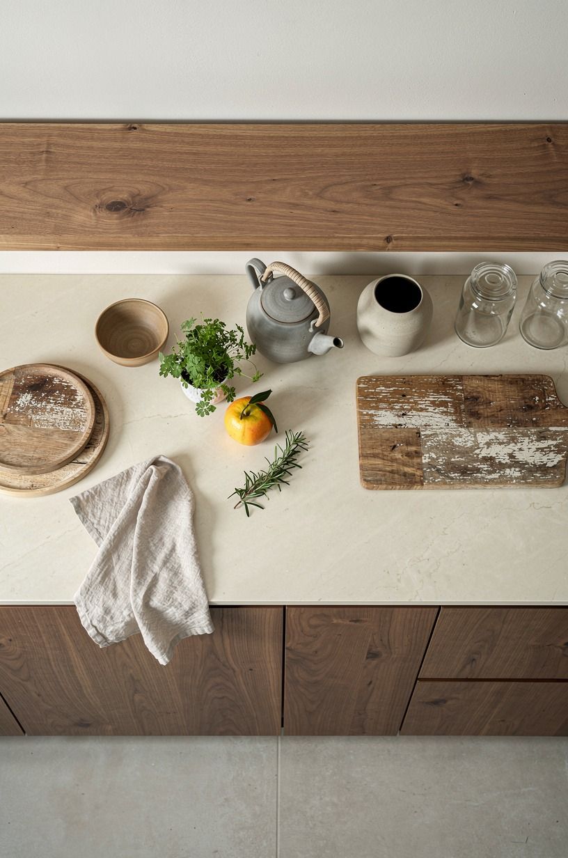 Float a chunky oak open shelf over walnut cabinets