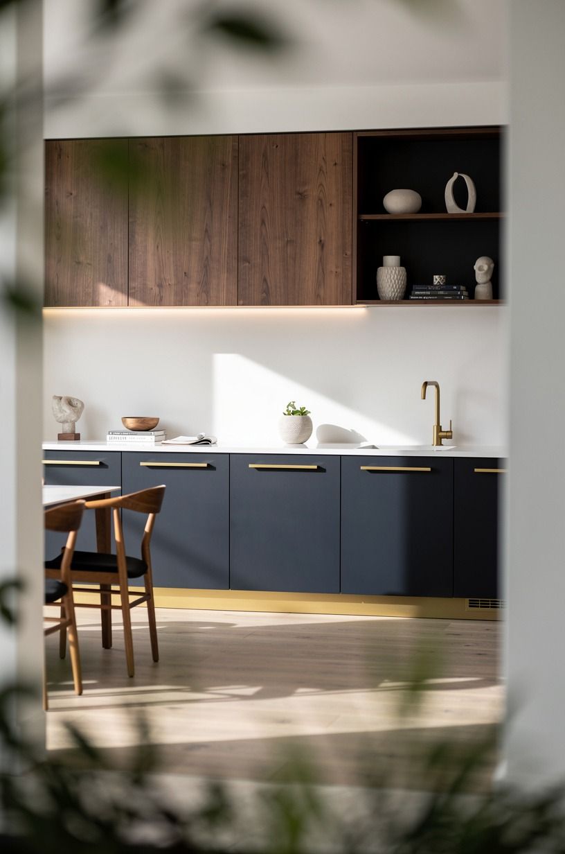 Use brass hardware as the bridge between all three woods