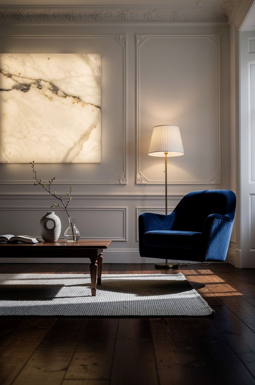 Float a velvet chair into the shadowed corner