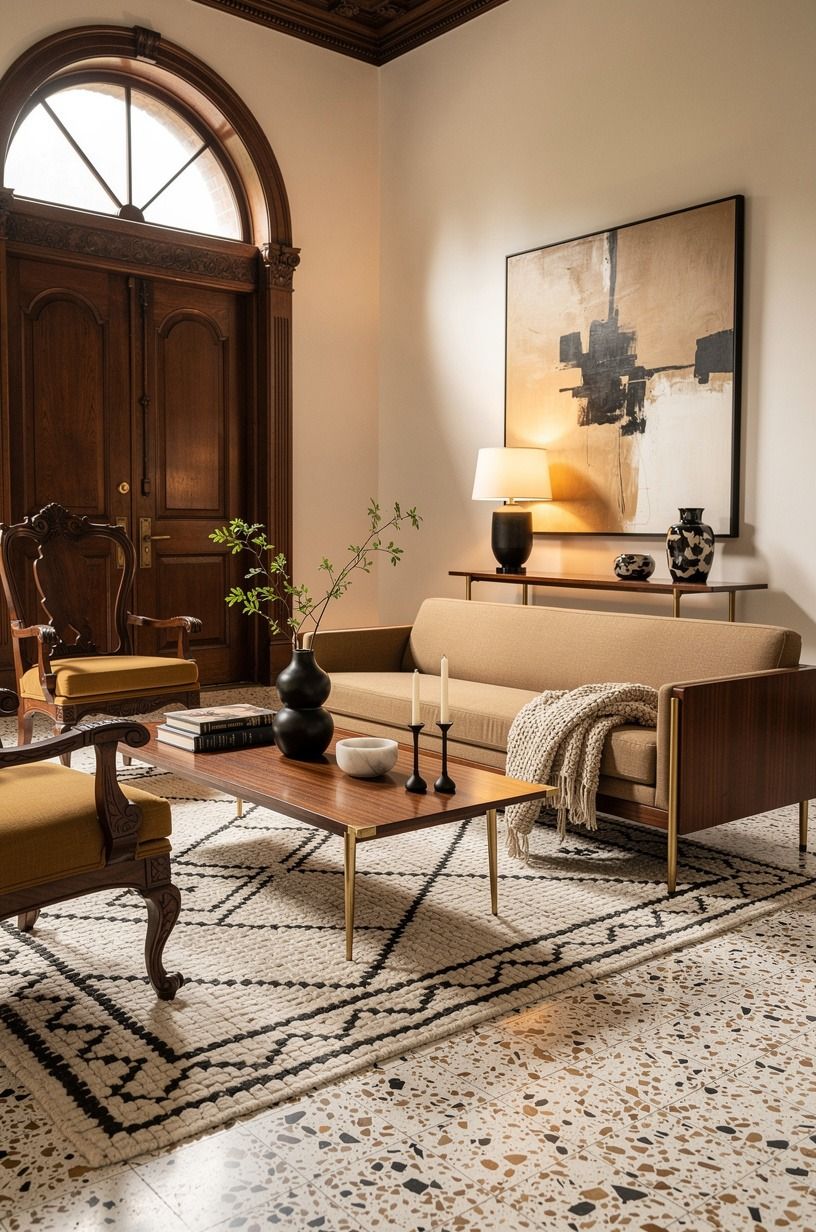 Layer a rug large enough to catch the furniture