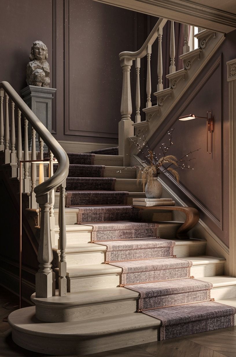 Why does a vintage wooden staircase interior need a runner?