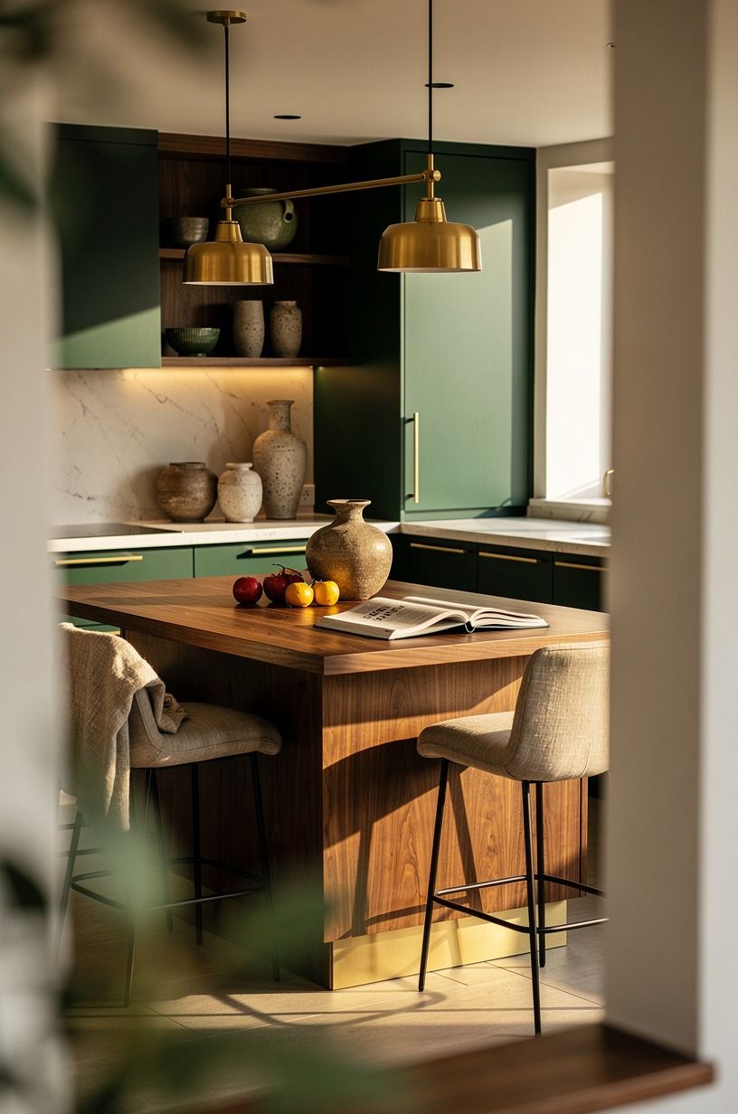 Why does a modern kitchen with wooden island need contrast?
