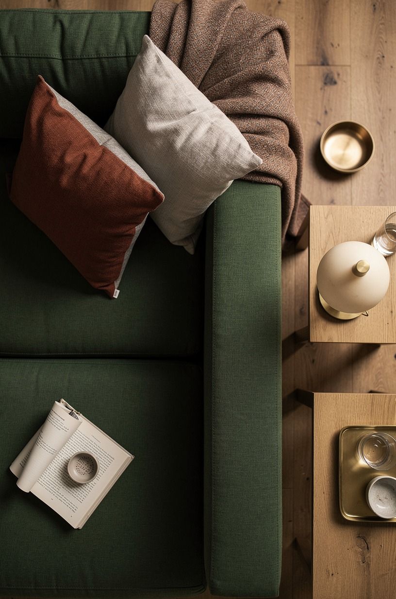 Layer a throw and two pillows, no matching set